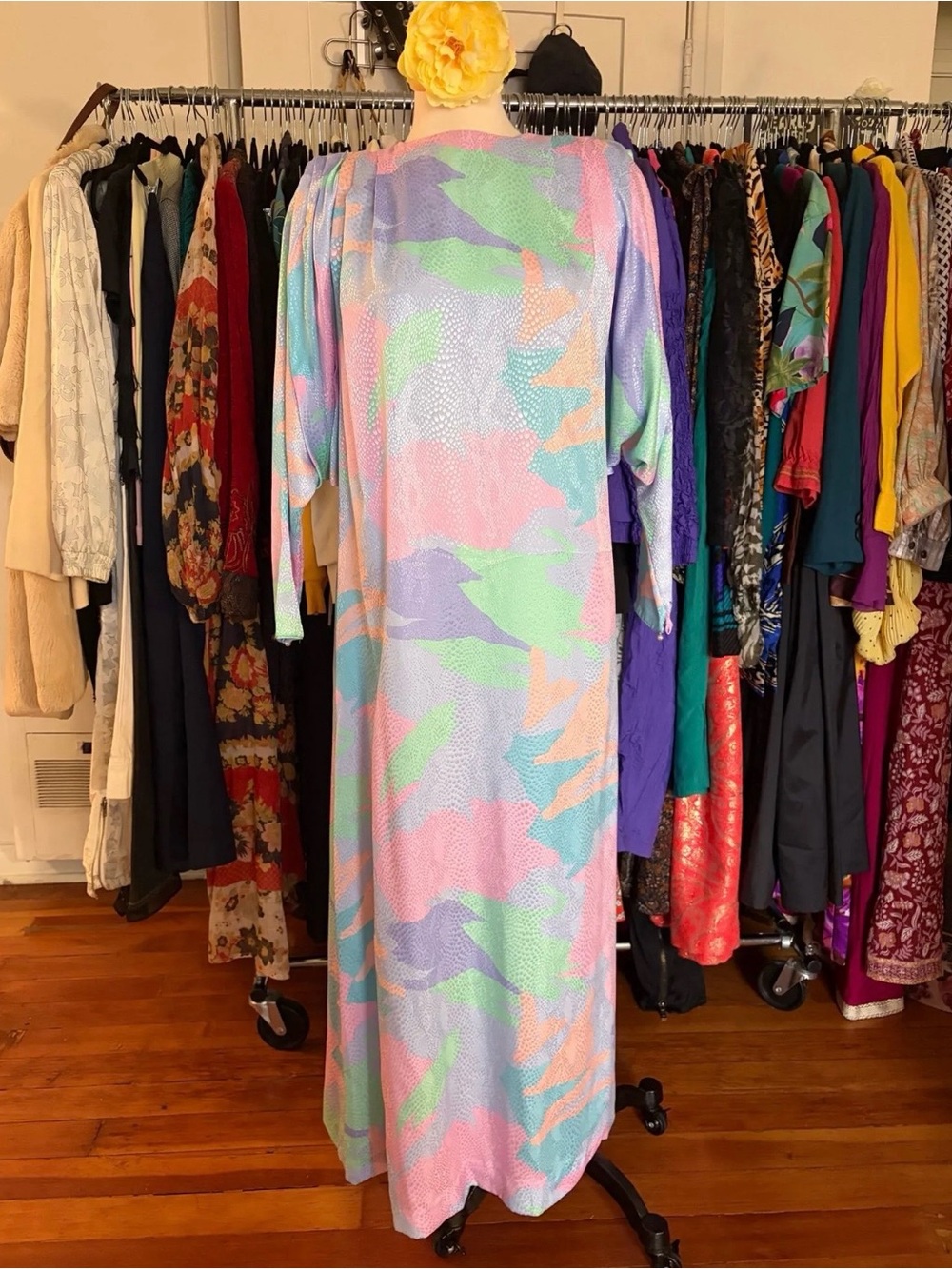 1970’s Kaftan Style Pastel Multi-Color Maxi Dress - Long Sleeve Women’s Dress